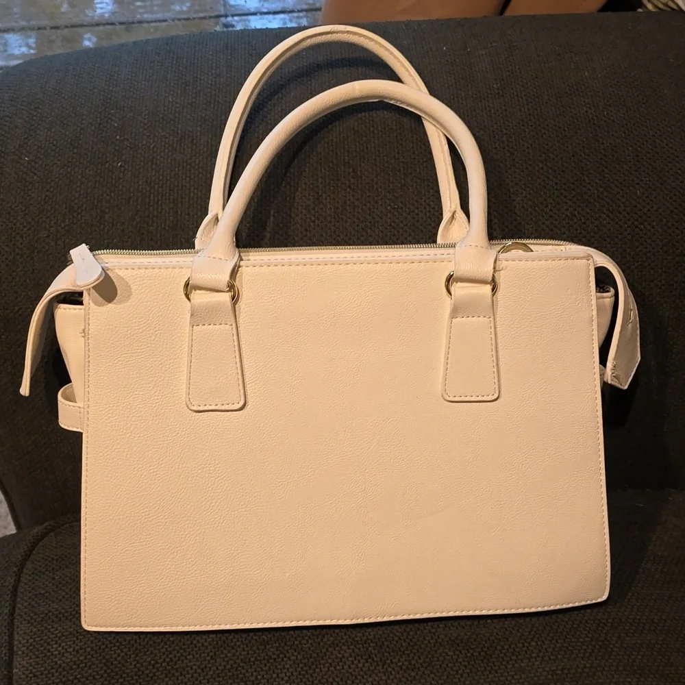 Betsey Johnson White Satchel with Pink Woven Panel & Bow